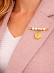 Pearl Pin With La Milagrosa Medal 18K YG / Classic Yellow Gold Pearl Floral Brooch