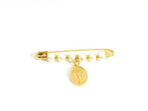 Pearl Pin With Guadalupe Medal 18K YG / Vintage Yellow Gold Filigree Scroll Brooch with Lustrous Round Pearl
