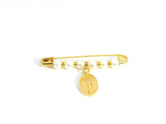 Pearl Pin With Guadalupe Medal 18K YG / Vintage Yellow Gold Filigree Scroll Brooch with Lustrous Round Pearl