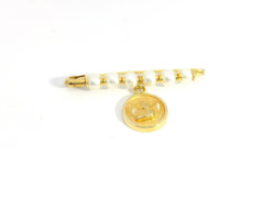 Pearl Pin With Fatima Medal 18K YG / Vintage Yellow Gold Engraved Brooch with Natural Round Pearl