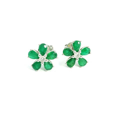 Emerald Flower Diamond Stud Earring 18K WG 2.03 / D 0.11 / 1.14 / Pear-Cut Emerald and Brilliant-Cut Diamond Halo Cluster Earrings in White Gold