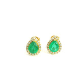 Pear Emerald Diamonds Stud Earring 18K YG 1.59 / D 0.18 / 0.89 / Pear-Cut Emerald and Round Brilliant Diamond Yellow Gold Stud Earrings
