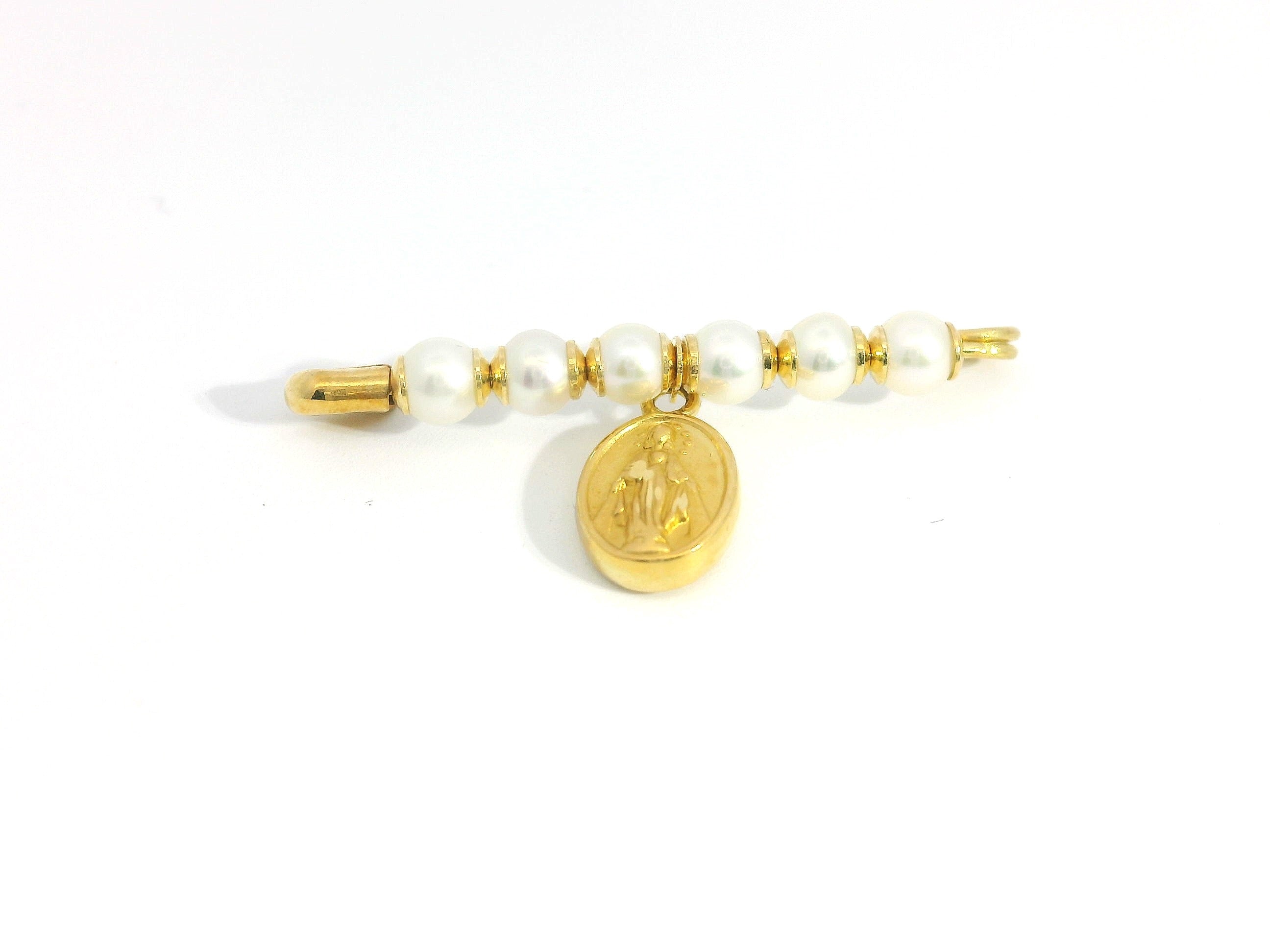 Pearl Pin With La Milagrosa Medal 18K YG / Classic Yellow Gold Pearl Floral Brooch