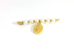 Pearl Pin With La Milagrosa Medal 18K YG / Classic Yellow Gold Pearl Floral Brooch