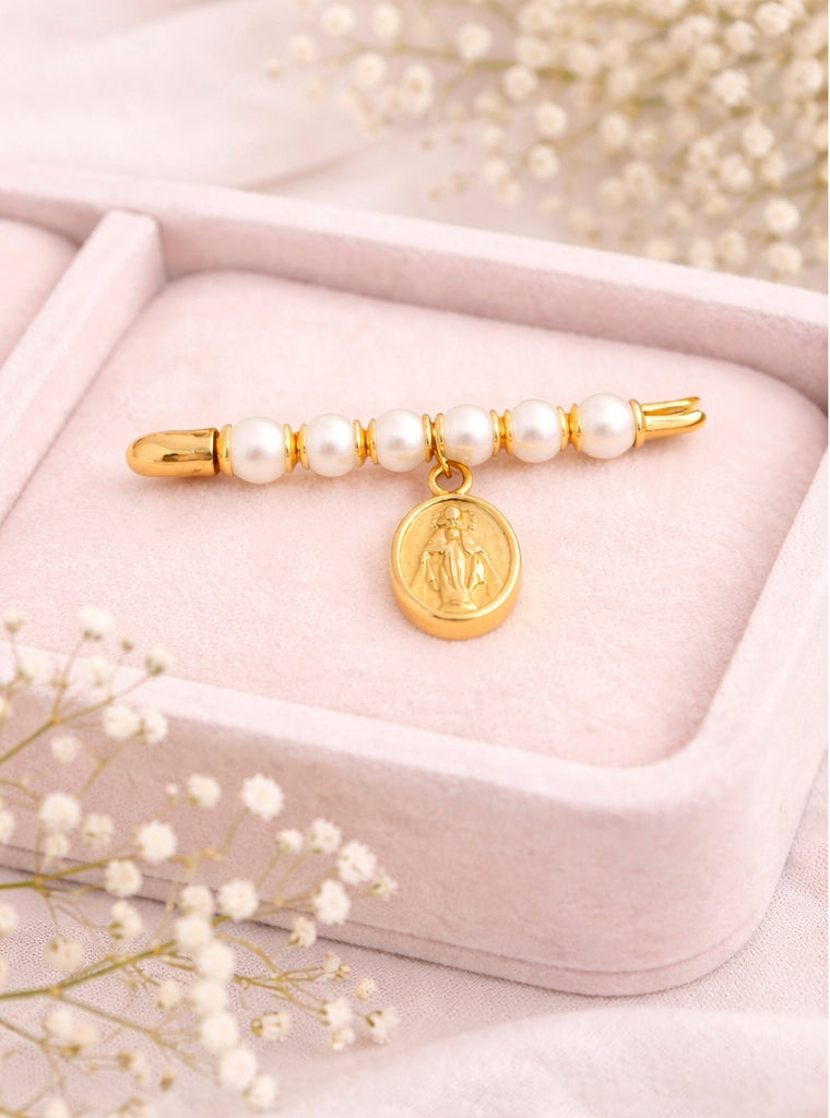 Pearl Pin With La Milagrosa Medal 18K YG / Classic Yellow Gold Pearl Floral Brooch