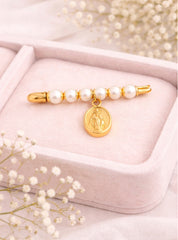 Pearl Pin With La Milagrosa Medal 18K YG / Classic Yellow Gold Pearl Floral Brooch