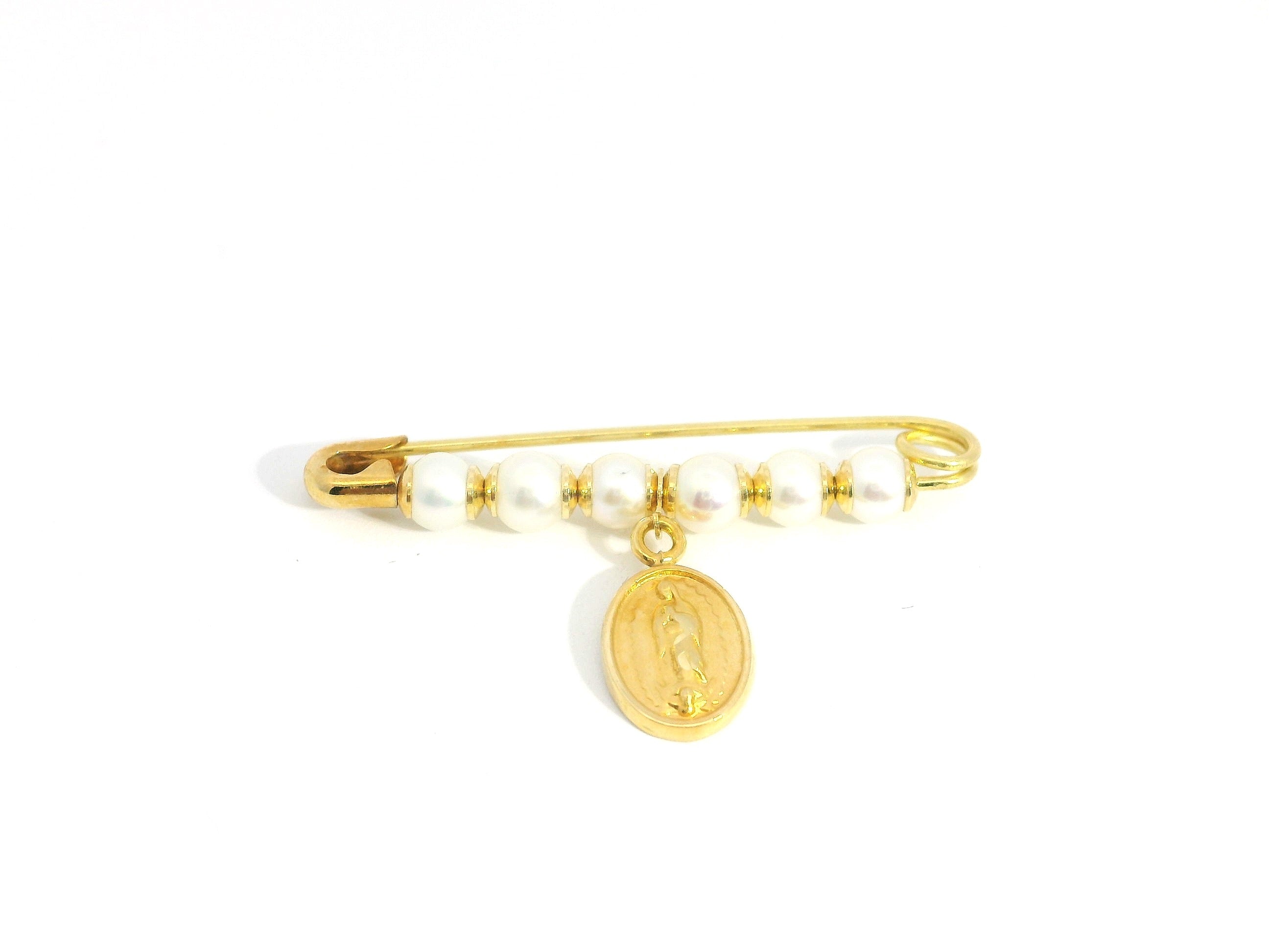 Pearl Pin With Guadalupe Medal 18K YG / Vintage Yellow Gold Filigree Scroll Brooch with Lustrous Round Pearl