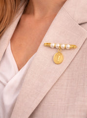 Pearl Pin With Guadalupe Medal 18K YG / Vintage Yellow Gold Filigree Scroll Brooch with Lustrous Round Pearl