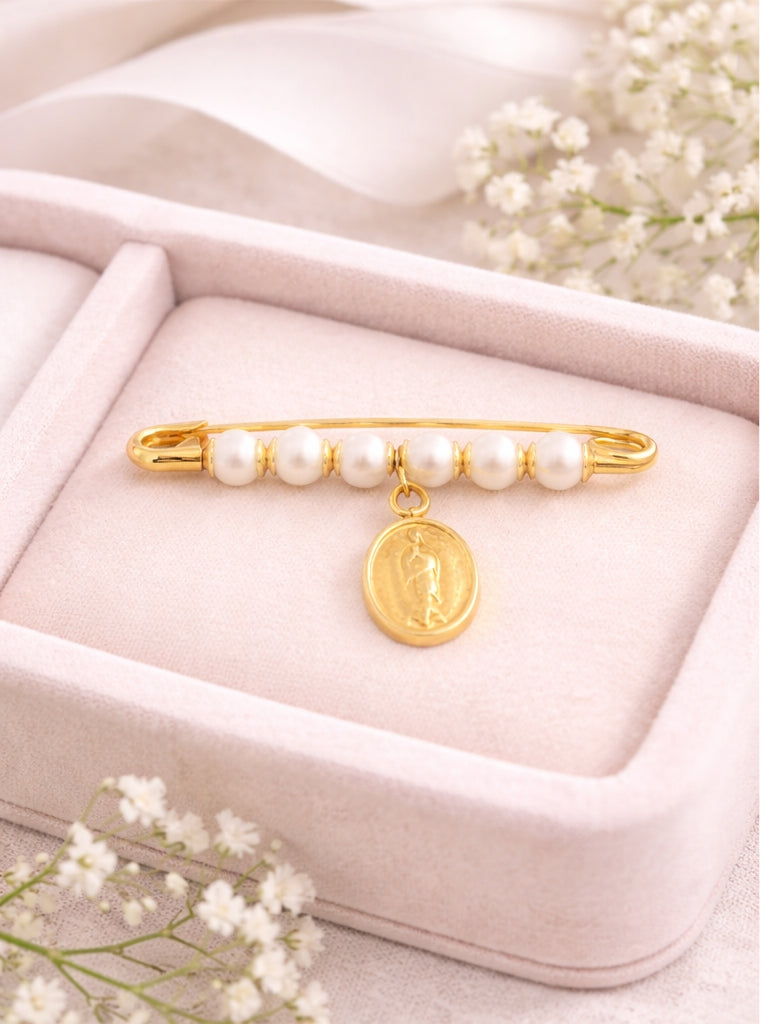Pearl Pin With Guadalupe Medal 18K YG / Vintage Yellow Gold Filigree Scroll Brooch with Lustrous Round Pearl