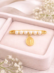 Pearl Pin With Guadalupe Medal 18K YG / Vintage Yellow Gold Filigree Scroll Brooch with Lustrous Round Pearl