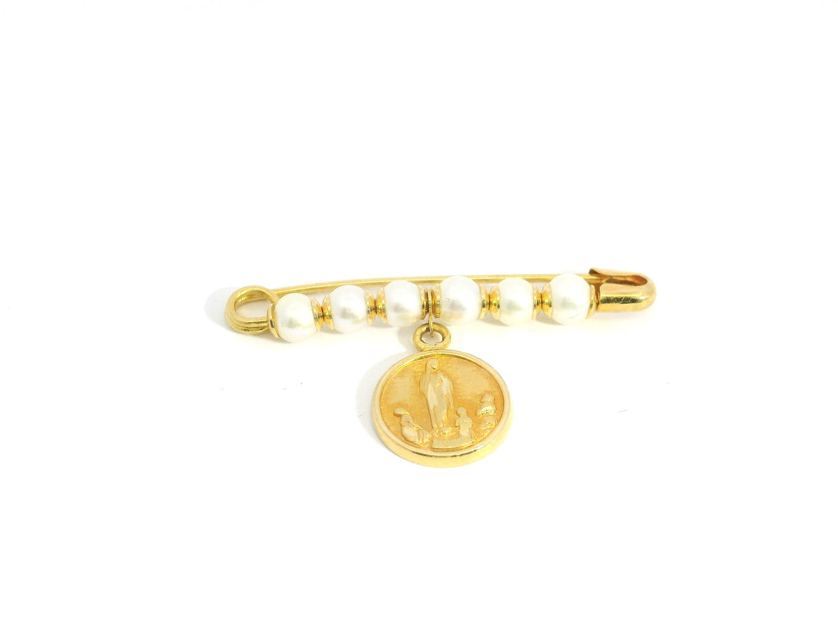 Pearl Pin With Angel de la Guarda Medal 18K YG / Triple Round Pearl Bead Accent Yellow Gold Safety Pin Brooch