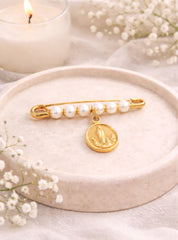 Pearl Pin With Angel de la Guarda Medal 18K YG / Triple Round Pearl Bead Accent Yellow Gold Safety Pin Brooch