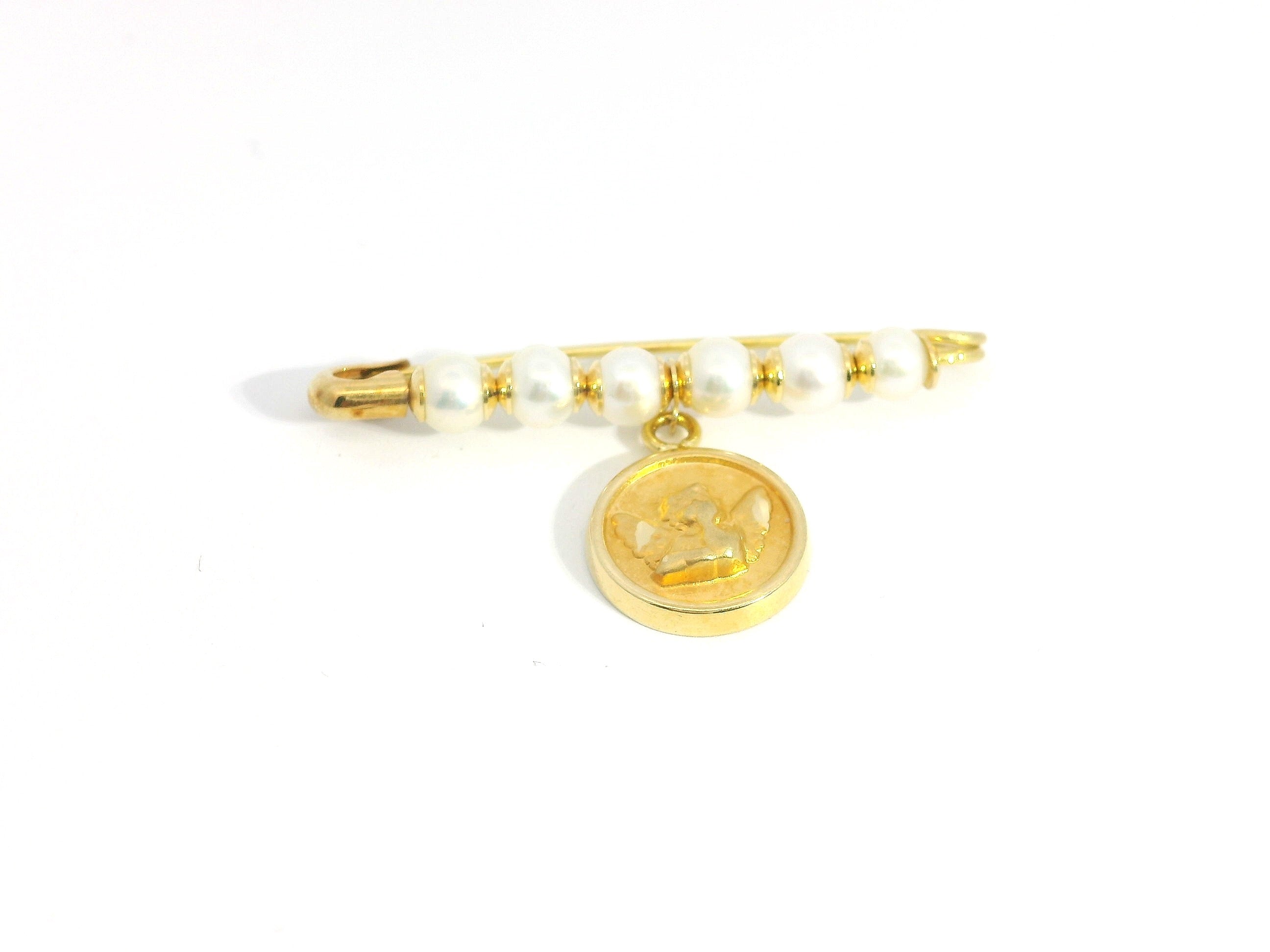 Pearl Pin With Fatima Medal 18K YG / Vintage Yellow Gold Engraved Brooch with Natural Round Pearl