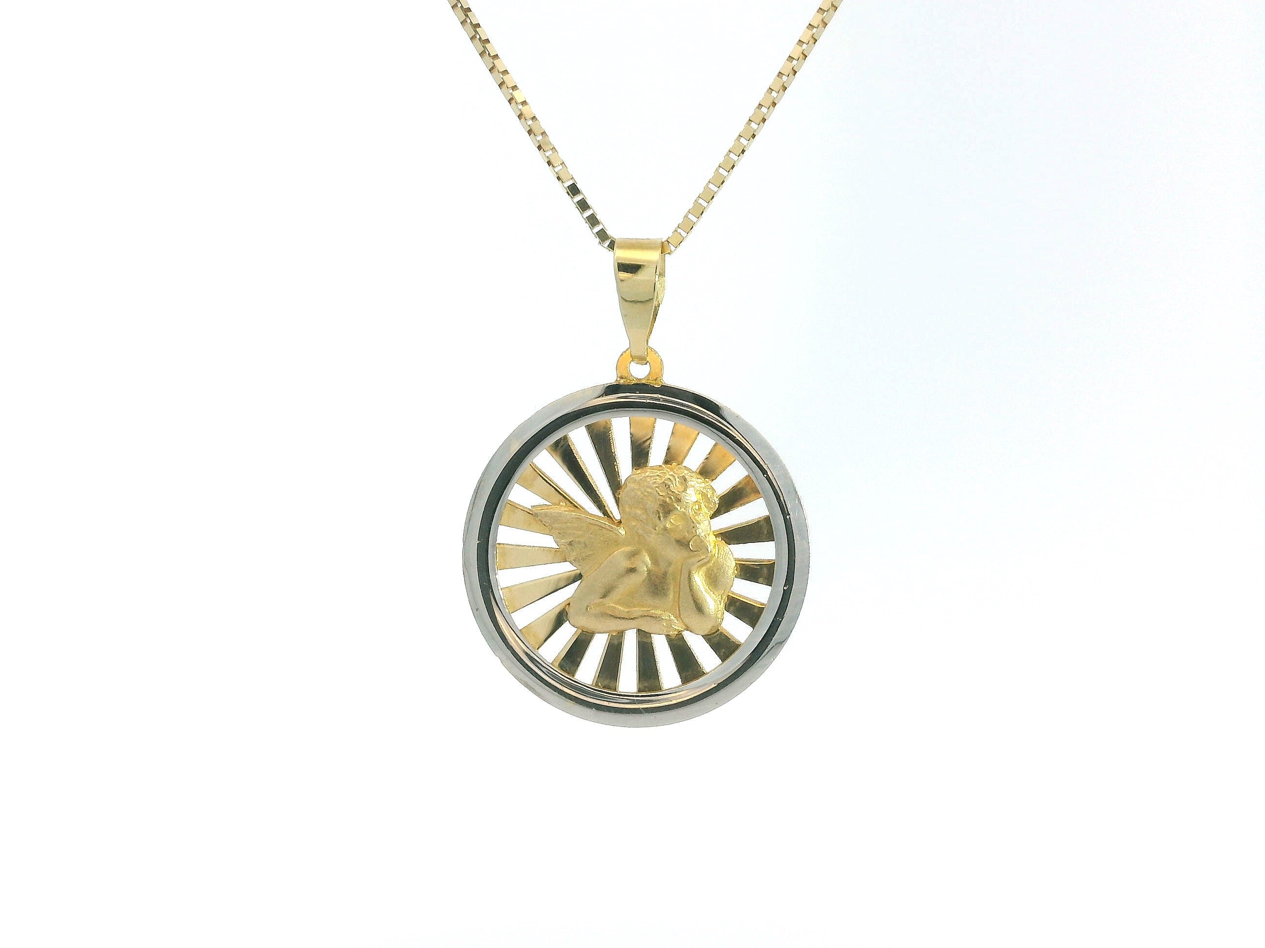 Angel W & Y Gold Medal 18K YG WG 1.44 / Classic Yellow Gold Engraved Medallion Link Chain Necklace
