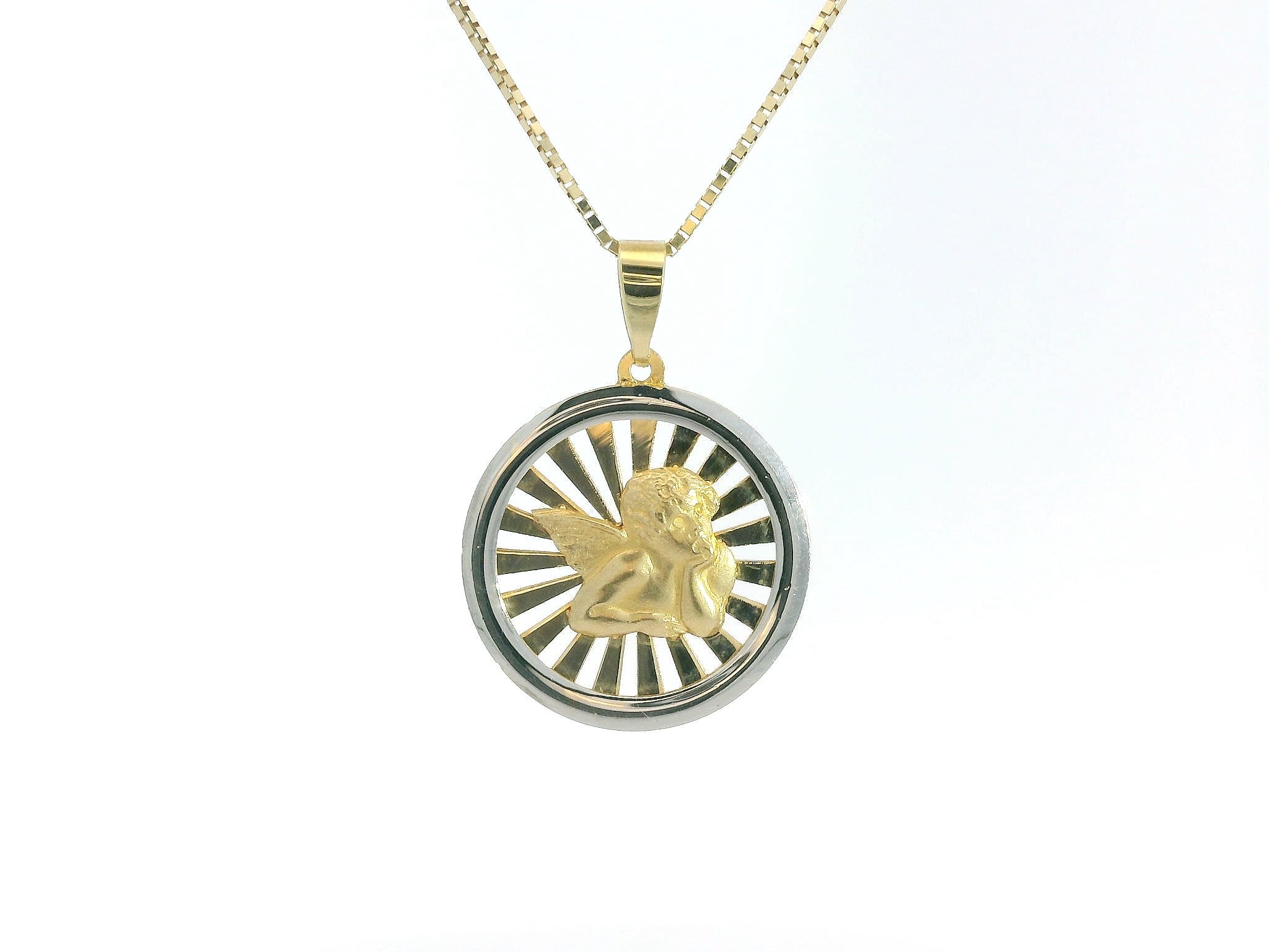 Angel W & Y Gold Medal 18K YG WG 1.44 / Classic Yellow Gold Engraved Medallion Link Chain Necklace