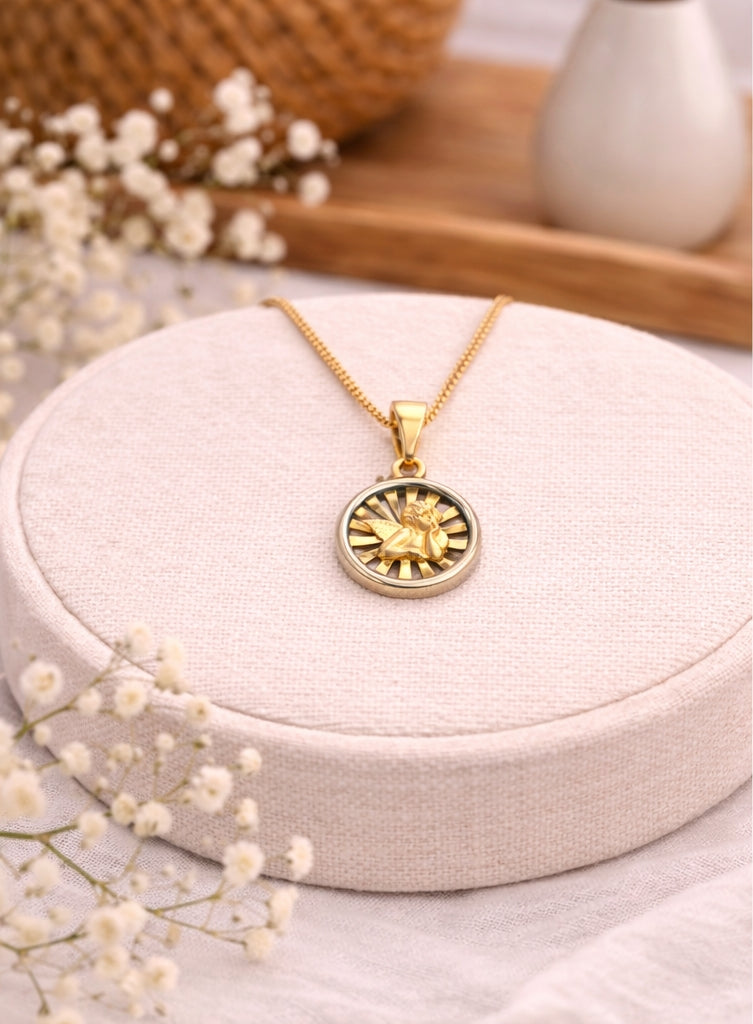 Angel W & Y Gold Medal 18K YG WG 1.44 / Classic Yellow Gold Engraved Medallion Link Chain Necklace