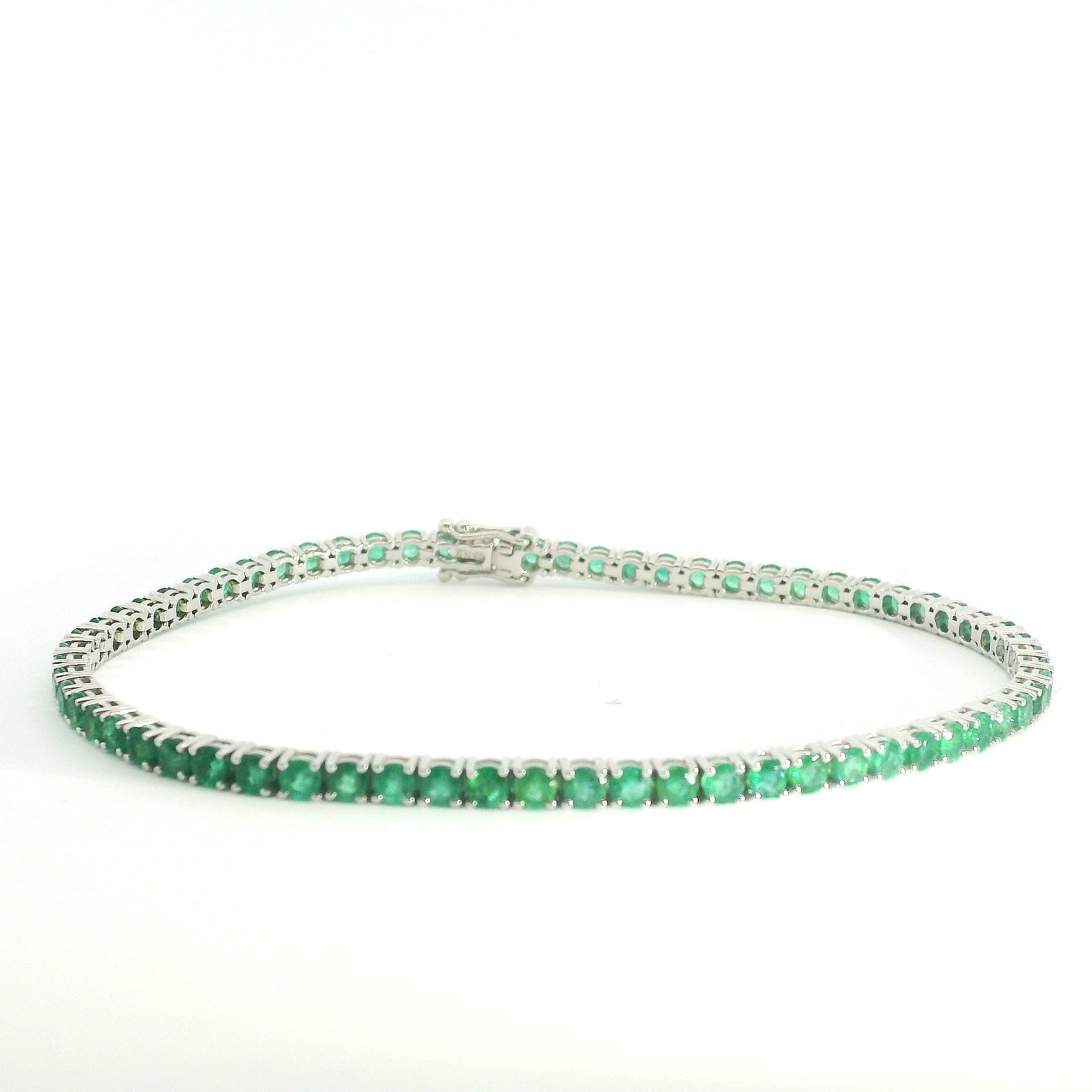 Emerald Tennis Bracelet WG 7" 18K WG 5.92 / 4.14 / Elegant Emerald Oval Cabochon White Gold Plated Silver Tennis Bracelet