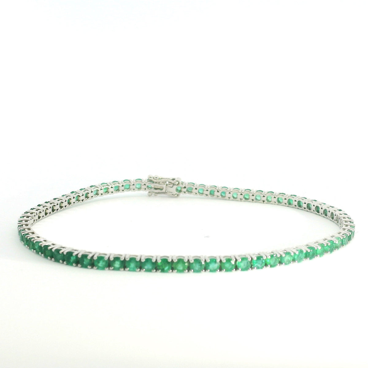 Emerald Tennis Bracelet WG 7" 18K WG 5.92 / 4.14 / Elegant Emerald Oval Cabochon White Gold Plated Silver Tennis Bracelet