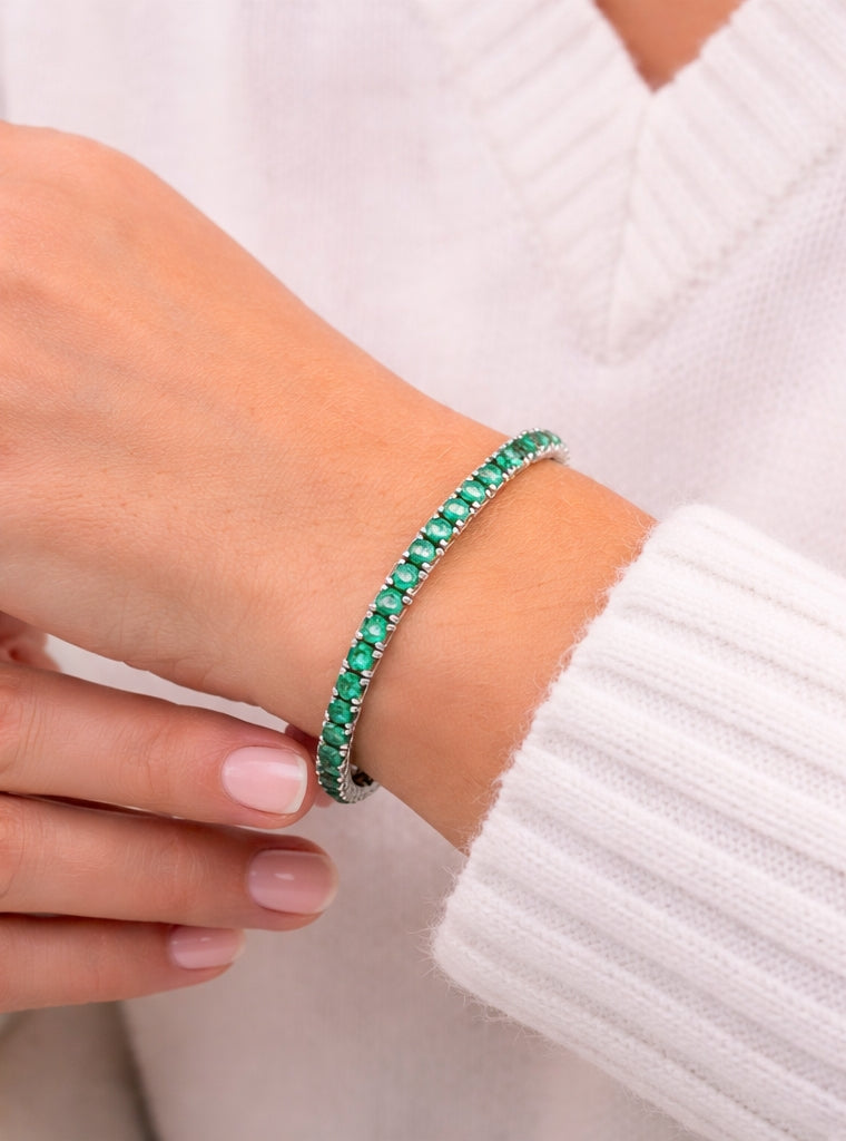 Emerald Tennis Bracelet WG 7" 18K WG 5.92 / 4.14 / Elegant Emerald Oval Cabochon White Gold Plated Silver Tennis Bracelet