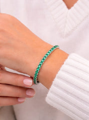 Emerald Tennis Bracelet WG 7" 18K WG 5.92 / 4.14 / Elegant Emerald Oval Cabochon White Gold Plated Silver Tennis Bracelet