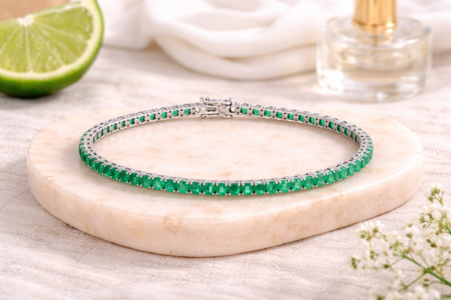 Emerald Tennis Bracelet WG 7" 18K WG 5.92 / 4.14 / Elegant Emerald Oval Cabochon White Gold Plated Silver Tennis Bracelet