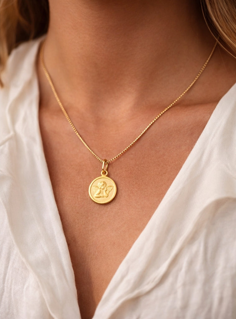 Tiny Cross with Christ Small Pendant 18K YG / Elegant 18k Yellow Gold High-Polish Interlocking Link Chain Necklace
