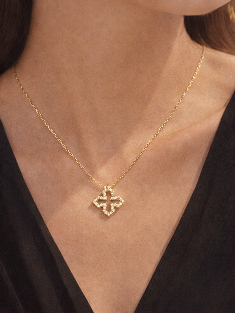 Jerusalem Cross Diamonds Necklace 18K YG 0.78 / D 0.10 / Yellow Gold Charm Necklace with Round Brilliant Cut Diamonds