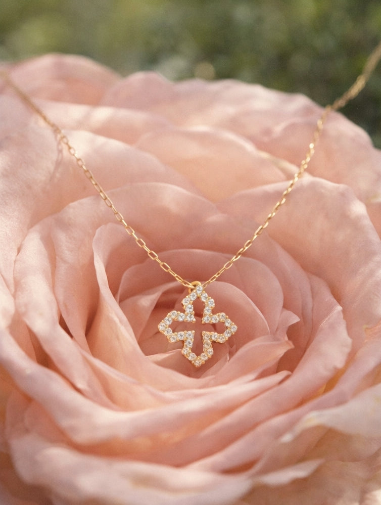 Jerusalem Cross Diamonds Necklace 18K YG 0.78 / D 0.10 / Yellow Gold Charm Necklace with Round Brilliant Cut Diamonds