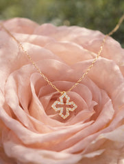 Jerusalem Cross Diamonds Necklace 18K YG 0.78 / D 0.10 / Yellow Gold Charm Necklace with Round Brilliant Cut Diamonds