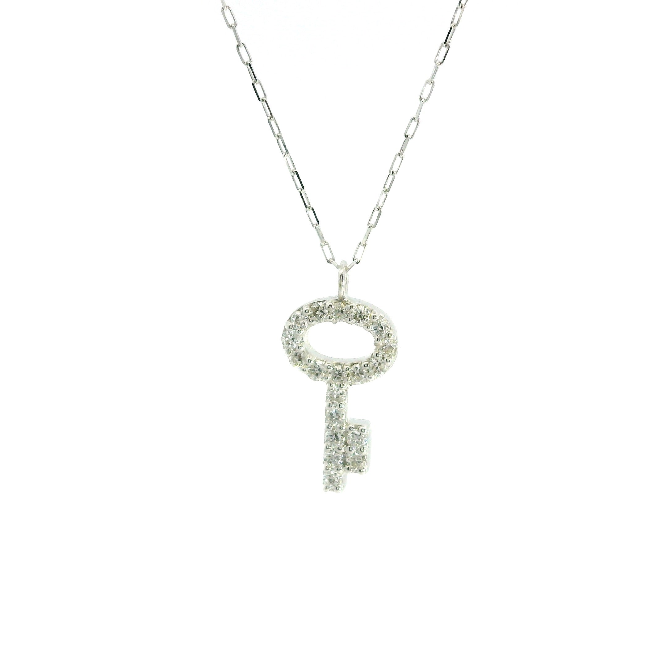 Key Diamonds Necklace 18K WG 0.85 / D 0.10 / Diamond Key Charm Necklace in White Gold Plated Silver