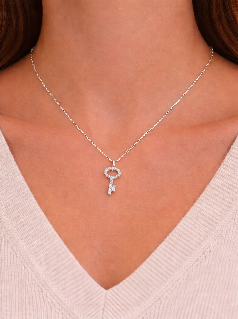 Key Diamonds Necklace 18K WG 0.85 / D 0.10 / Diamond Key Charm Necklace in White Gold Plated Silver