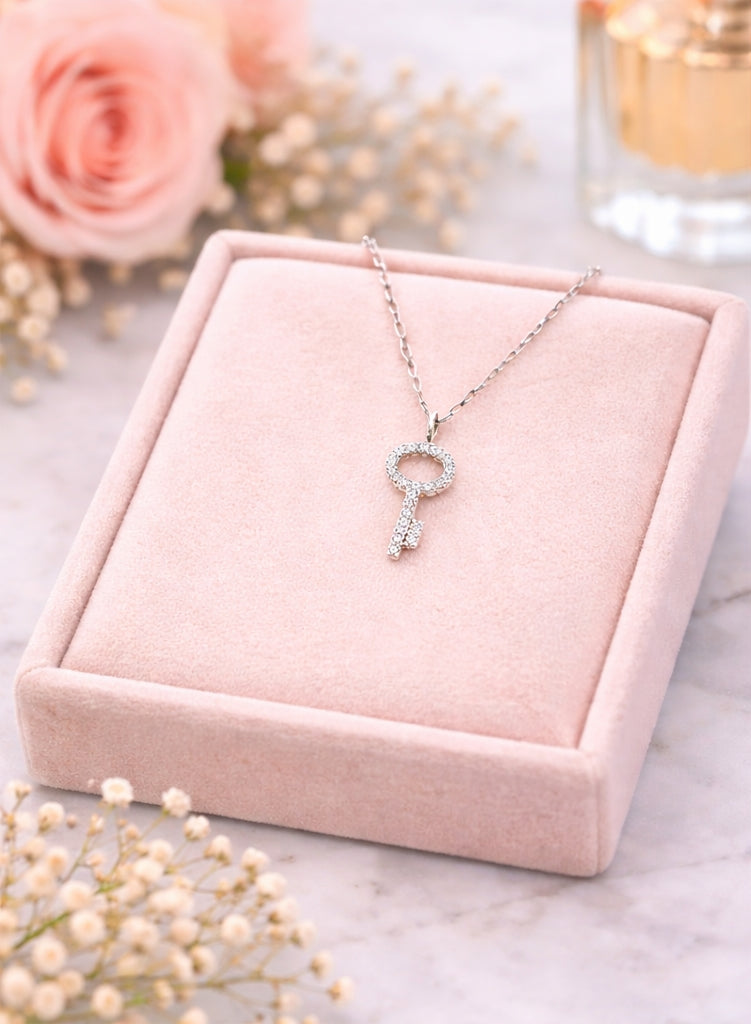 Key Diamonds Necklace 18K WG 0.85 / D 0.10 / Diamond Key Charm Necklace in White Gold Plated Silver
