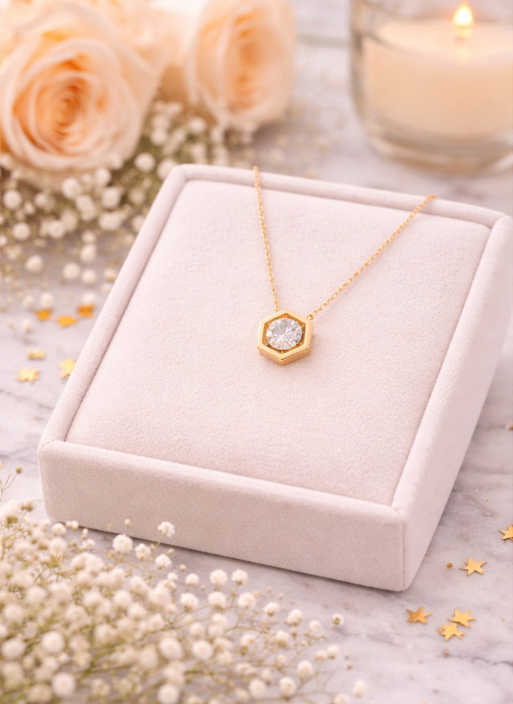 Hexagon Diamond Necklace 18K YG 0.67 D 0.08 / Elegant Gold Hexagon Pendant Necklace