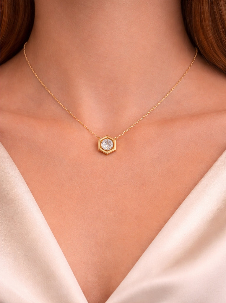 Hexagon Diamond Necklace 18K YG 0.67 D 0.08 / Elegant Gold Hexagon Pendant Necklace