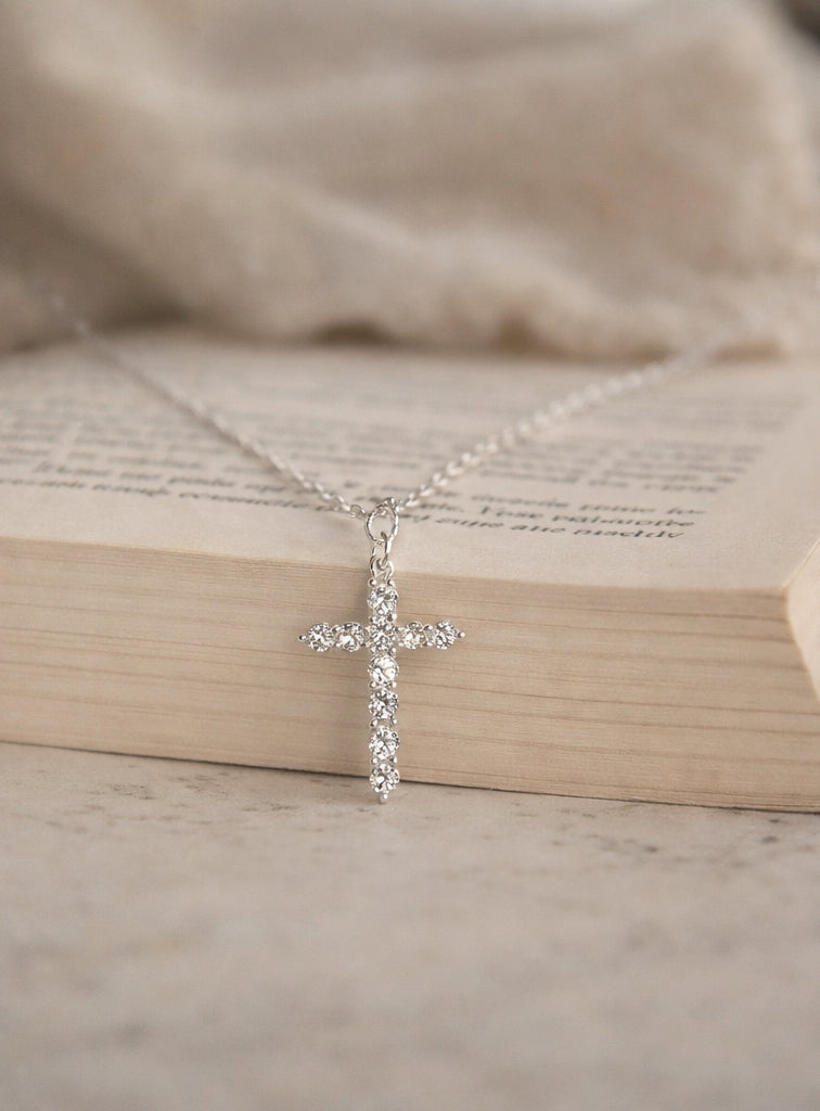 Small Christ Diamonds Necklace 18K WG 1.27 / D 0.24 / Diamond Cross Charm Necklace in White Gold Plated Silver
