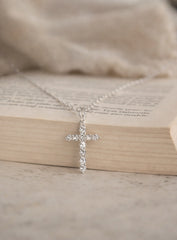 Small Christ Diamonds Necklace 18K WG 1.27 / D 0.24 / Diamond Cross Charm Necklace in White Gold Plated Silver