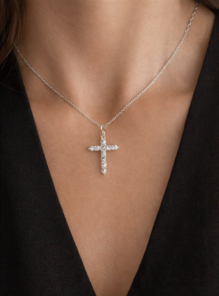 Small Christ Diamonds Necklace 18K WG 1.27 / D 0.24 / Diamond Cross Charm Necklace in White Gold Plated Silver