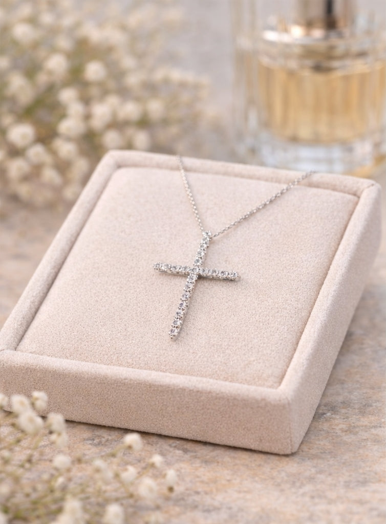 White Gold over Silver Diamond Cross Pendant Necklace
