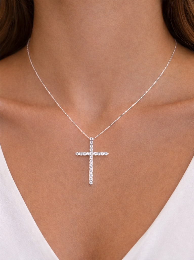 White Gold over Silver Diamond Cross Pendant Necklace