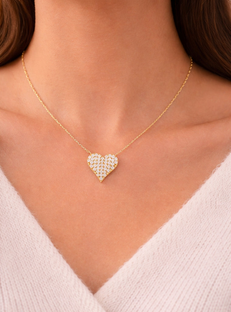 Heart Diamonds Necklace 18K YG 1.98 / D 0.22 / Yellow Gold Charm Necklace with Heart Shaped Diamond Pendant