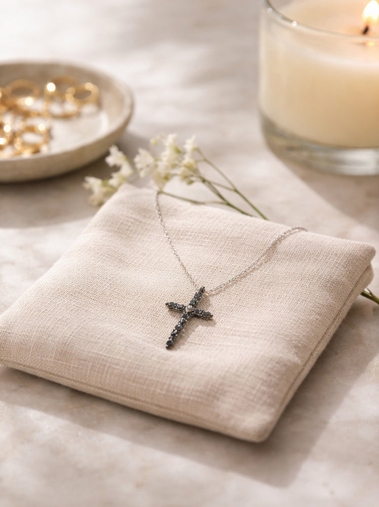 Little Christ Black Diamonds Necklace 18K WG 1.14 / D 0.10 / White Gold over Silver Diamond Cross Charm Necklace