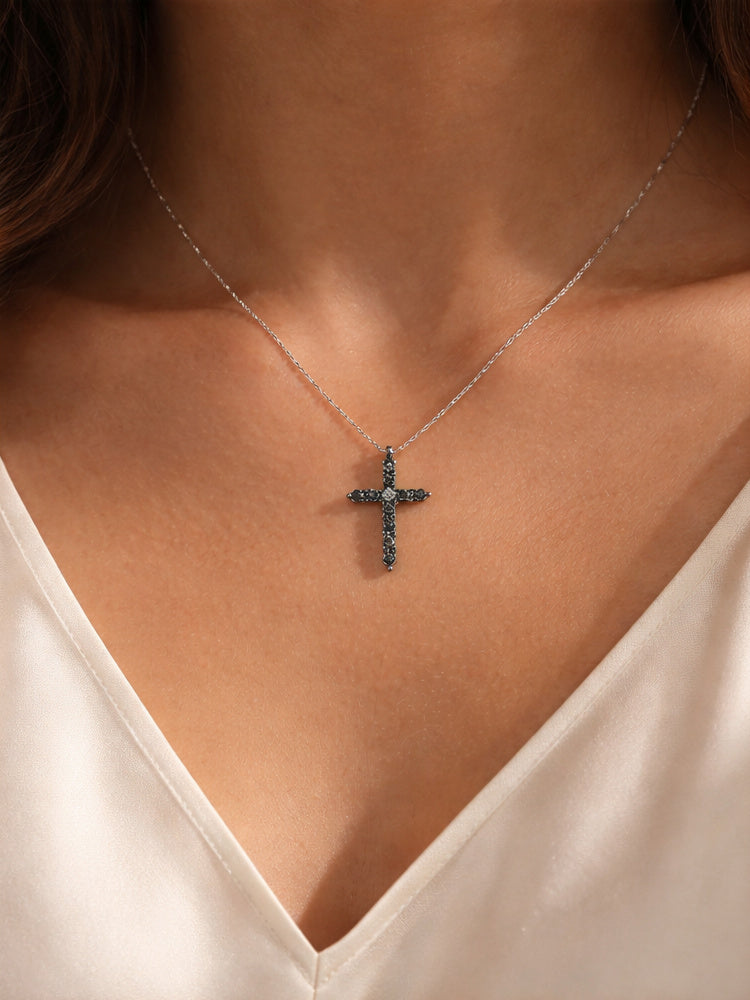 Little Christ Black Diamonds Necklace 18K WG 1.14 / D 0.10 / White Gold over Silver Diamond Cross Charm Necklace