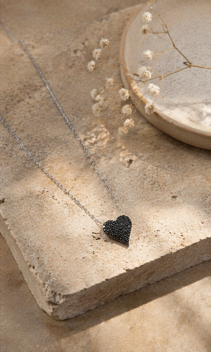 Little Heart Black Diamonds Necklace 18K WG 2.08 / D 0.23 / White Gold Finish Silver Necklace with Fancy Black Diamond Heart Charm