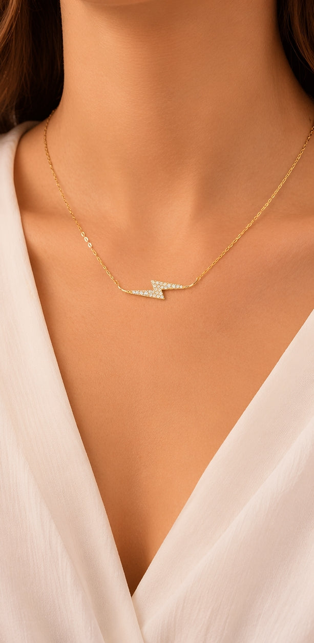 Medium Lightening Bolt Diamonds Necklace 18K YG 2.25 / D 0.19 / Diamond Lightning Bolt Yellow Gold Chain Necklace