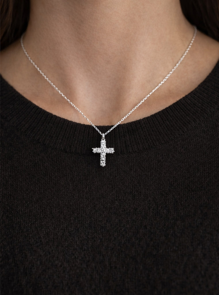 Little Christ Diamonds Necklace 18K WG 1.17 / D 0.20 / White Gold Plated Silver Charm Necklace with Round Cut Diamonds