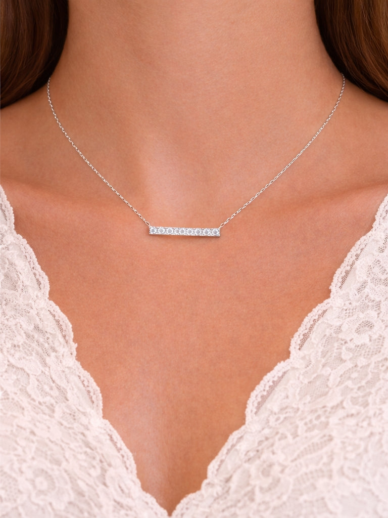 Line Diamonds Necklace 18K WG 1.57 / D 0.33 / White Gold over Silver Round Cut Diamond Bar Necklace