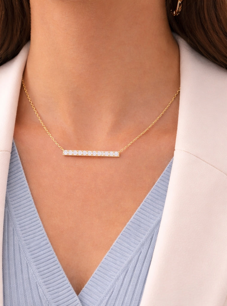 Line Diamonds Necklace 18K YG 1.56 / D 0.33 / Yellow Gold Diamond Bar Necklace with Round Brilliant Cut Diamonds