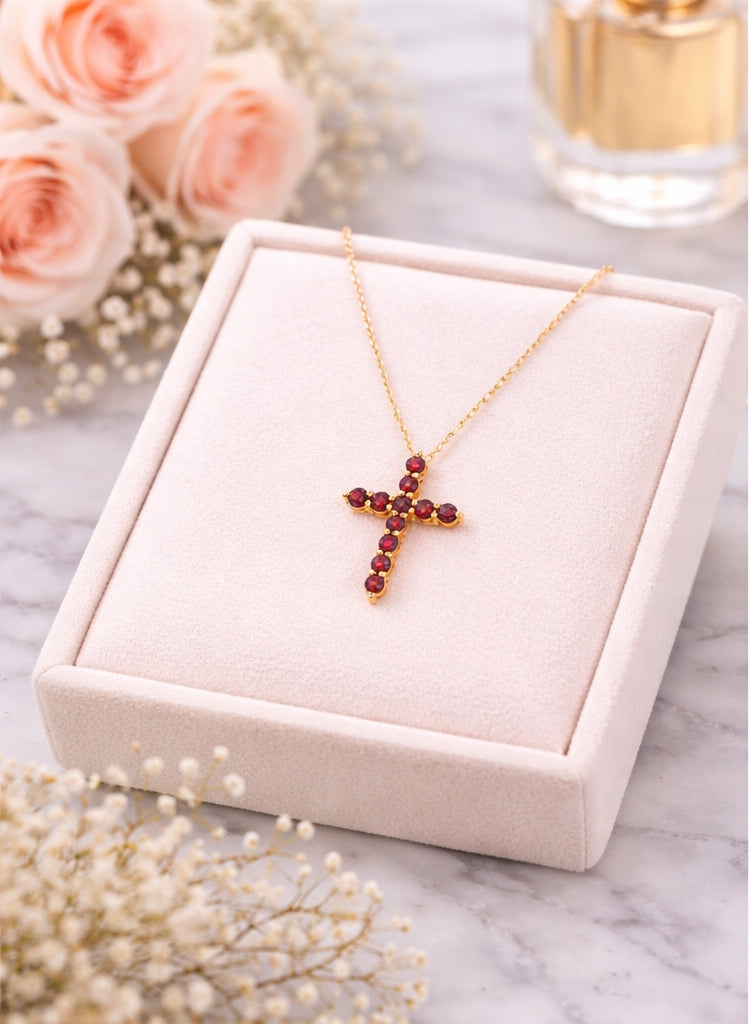 Ruby Cross Necklace 18K YG 1.33 / 0.24 / Yellow Gold Charm Necklace with Red Ruby Cross Pendant