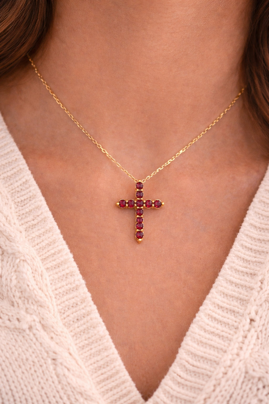 Ruby Cross Necklace 18K YG 1.33 / 0.24 / Yellow Gold Charm Necklace with Red Ruby Cross Pendant