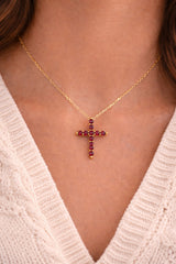 Ruby Cross Necklace 18K YG 1.33 / 0.24 / Yellow Gold Charm Necklace with Red Ruby Cross Pendant